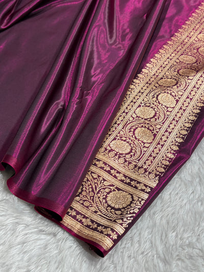 Wine Shades Jaal Pattern Banarasi Satin Silk Saree SS55