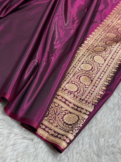 Wine Shades Jaal Pattern Banarasi Satin Silk Saree SS55
