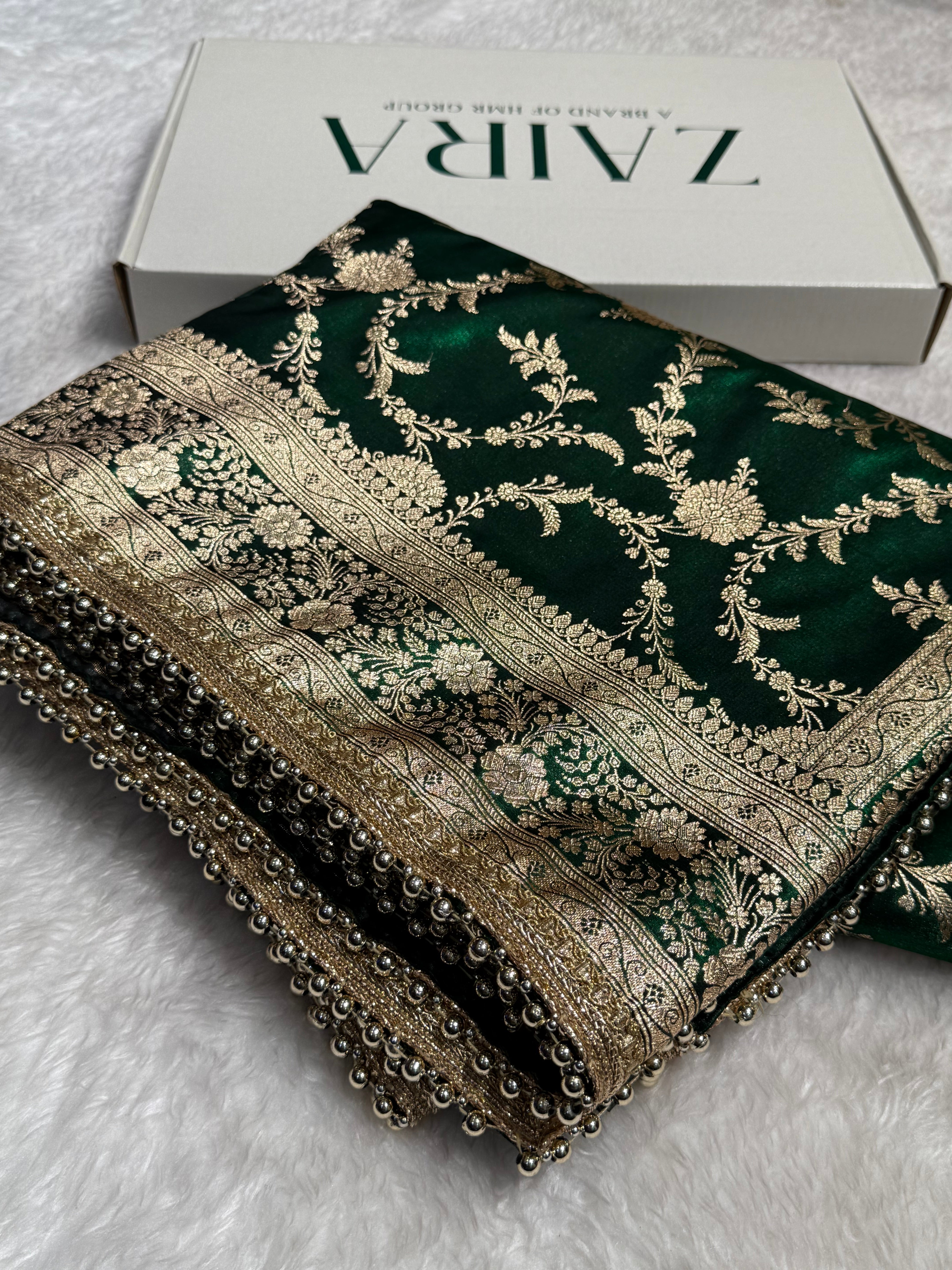 Bottle Green Banarasi Jaal Satin Silk Saree with gotta patti SSGP14
