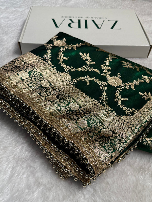 Bottle Green Banarasi Jaal Satin Silk Saree with gotta patti SSGP14