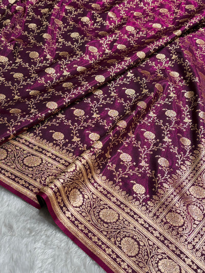 Wine Shades Jaal Pattern Banarasi Satin Silk Saree SS55