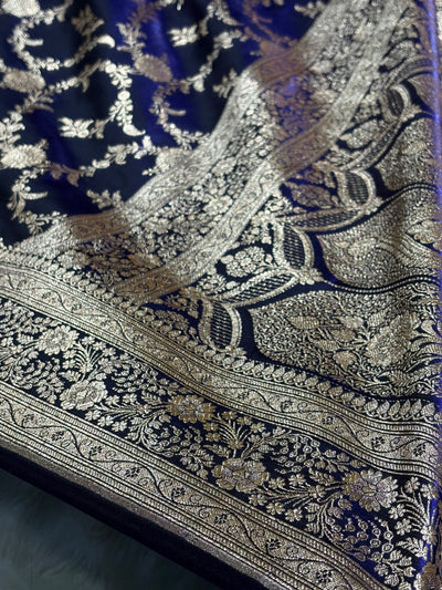 Satin Silk Banarasi Jaal in Dark Royal Blue Shades SS14
