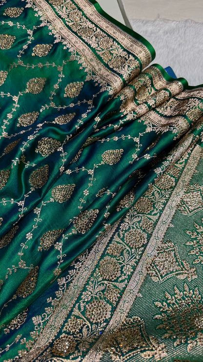 Cross Green Floral Jaal Pattern Satin Katan Silk saree BSK42