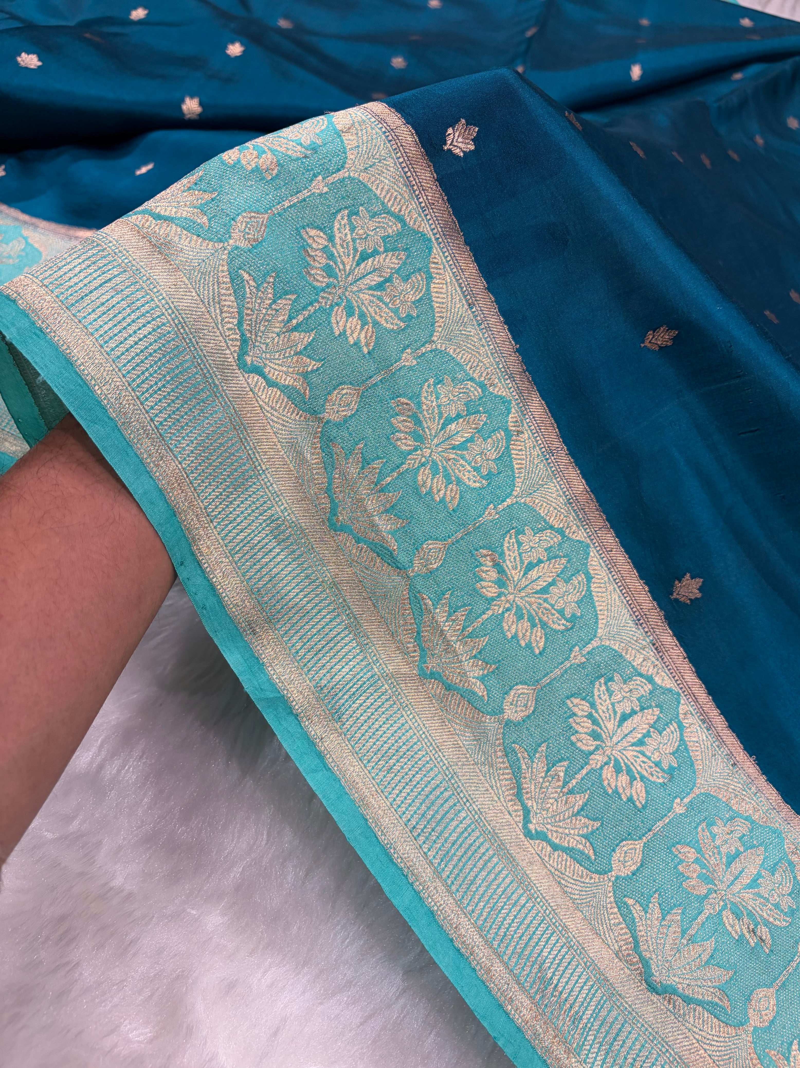 Banarasi German Blue With Sea Green Contrast Shades Handwoven Pure Paper Silk Saree RM-89