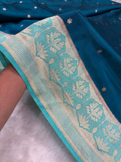 Banarasi German Blue With Sea Green Contrast Shades Handwoven Pure Paper Silk Saree RM-89