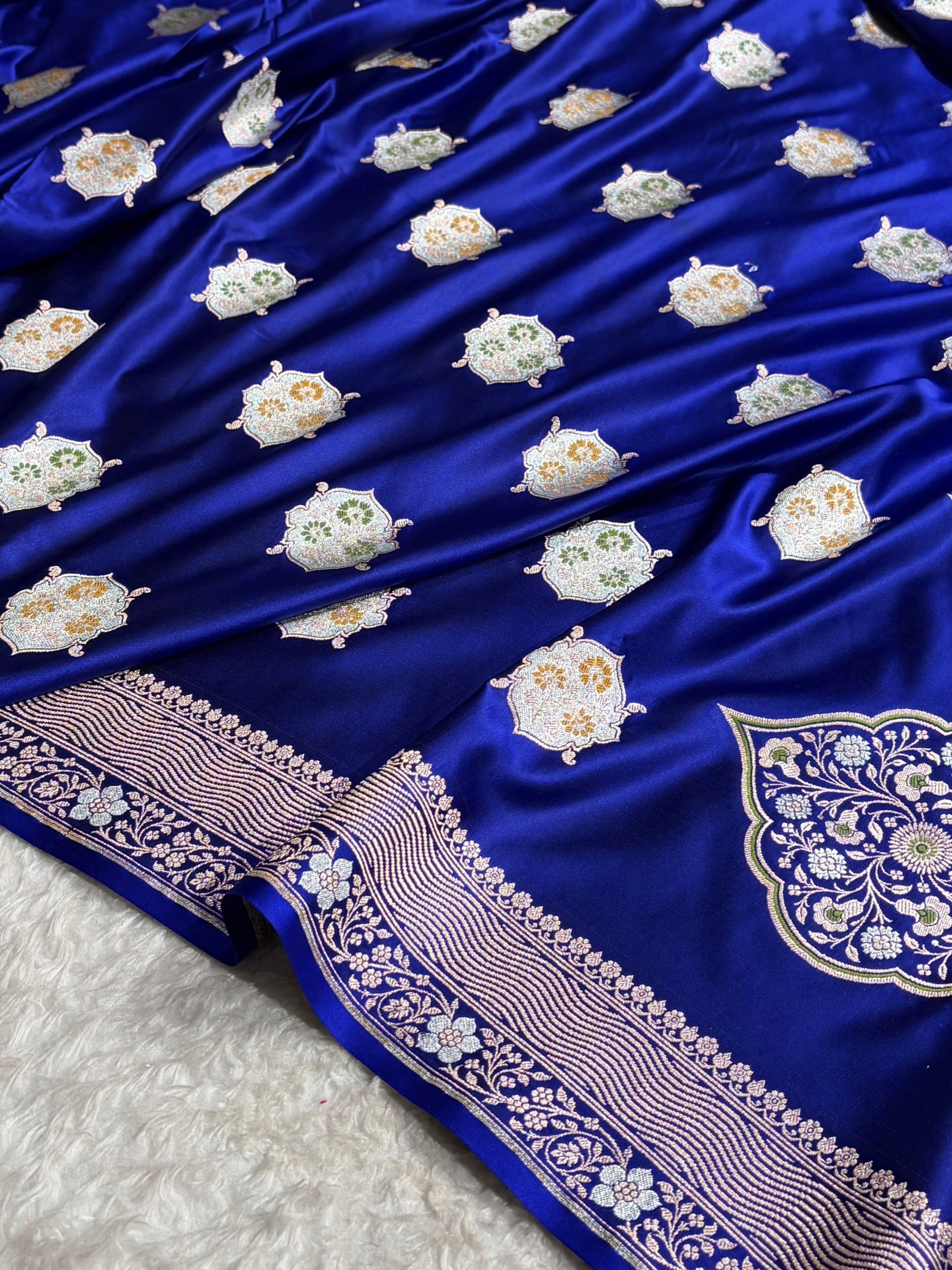 Premium Banarasi Satin Katan Saree Minakari Booti Pattern in Royal Blue Shades SK138