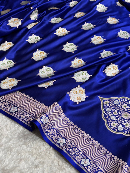 Premium Banarasi Satin Katan Saree Minakari Booti Pattern in Royal Blue Shades SK138
