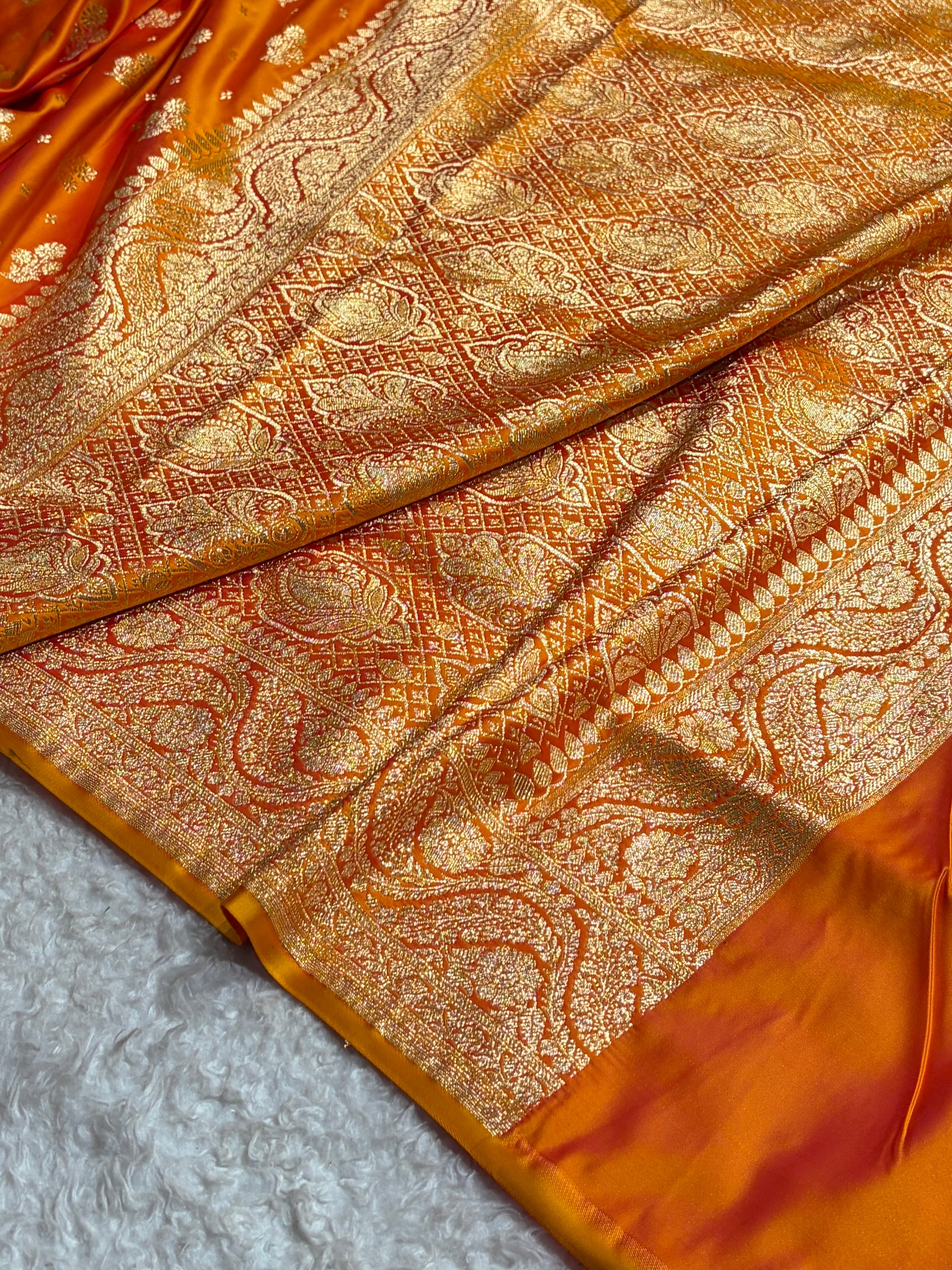Fire Gold Floral Unique Boota Pattern Satin Katan Silk Saree SK73