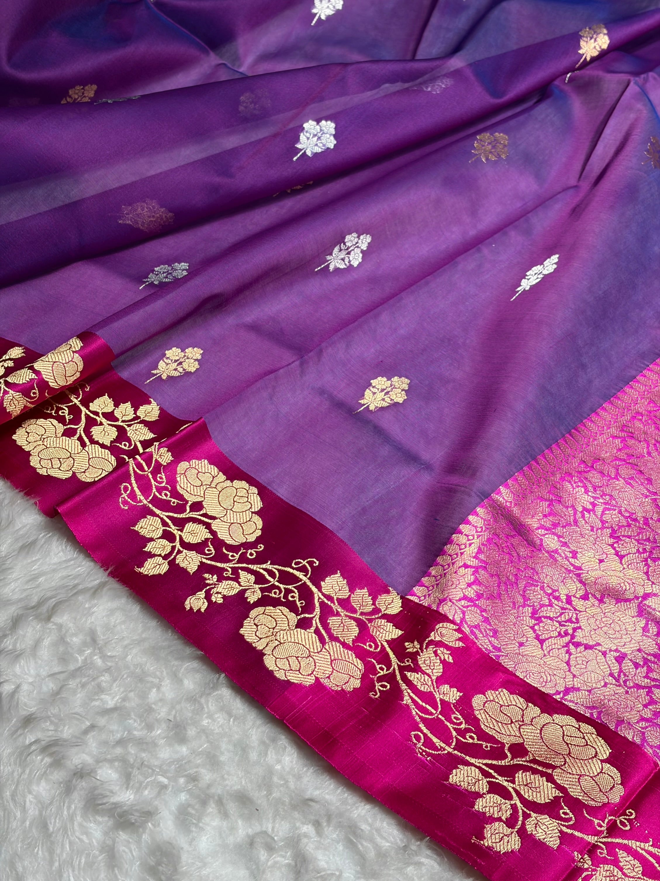 Contrast Pure Banarasi Organza Purple With Rama Floral Banarasi Silk Saree PO-13