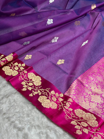 Contrast Pure Banarasi Organza Purple With Rama Floral Banarasi Silk Saree PO-13