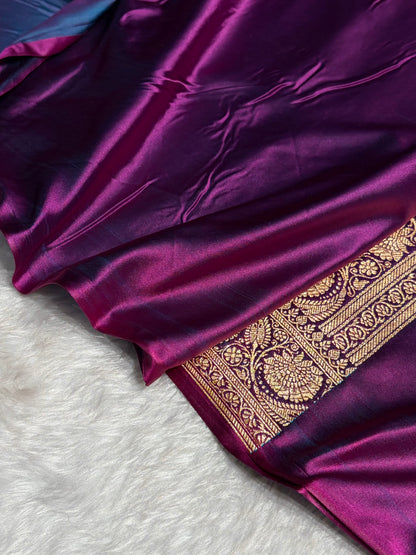 Dark Magneta Floral Boota Pattern Satin Katan Silk Saree SK71