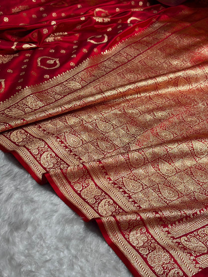 Banarasi Satin Katan Saree With Unique Boota in Red Shades SK92