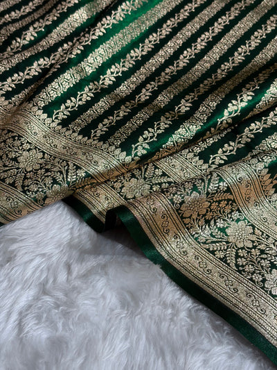 Bottle Green Shades Stripe Pattern Banarasi Satin Silk Saree SS46