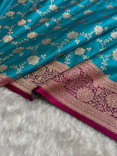 Banarasi Satin Katan Saree Contrast Firozi / Rani Shades SK132