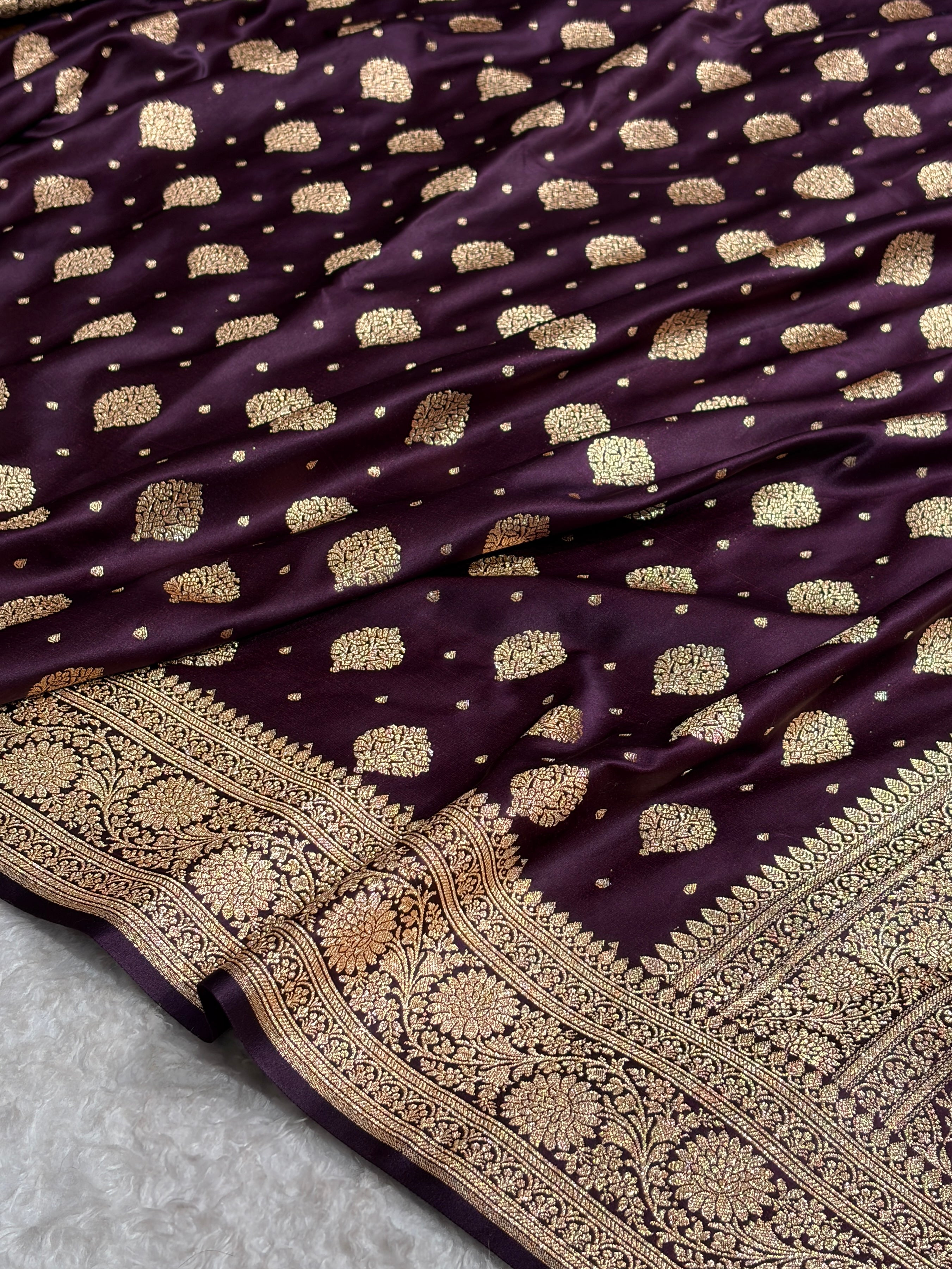 Cross Dark Wine Unique Boota Pattern Satin Katan Silk Saree SK69
