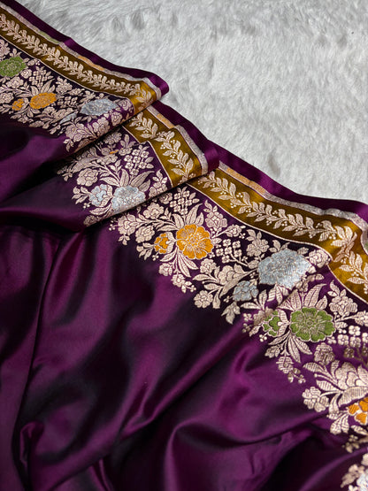 Banarasi Wine Shades Floral Minakari Skirt Border Mashru Silk Saree MSM-83