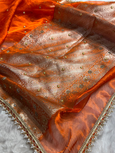 Orange Shades Pure Tissue Silk With Banarasi Swarovski Work Saree with Brocade Blouse BPGPT-08