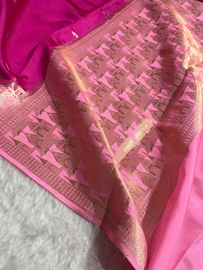 Banarasi Rani With Baby Pink Contrast Shade Flower Boota Pure Caramel Mango Silk Saree CS-18