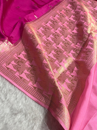 Banarasi Rani With Baby Pink Contrast Shade Flower Boota Pure Caramel Mango Silk Saree CS-18