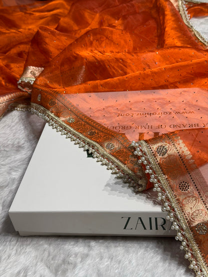 Orange Shades Pure Tissue Silk With Banarasi Swarovski Work Saree with Brocade Blouse BPGPT-09