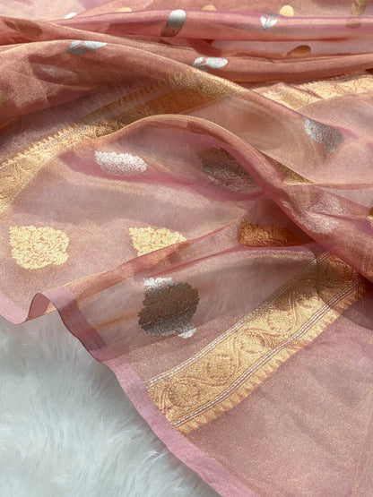 Light Peach Bananasi Floral Shades Pure Tissue Silk Saree PT-50