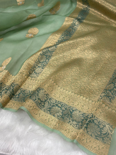 Pure Organza Light Green Meena Floral Banarasi Silk Saree PO-04