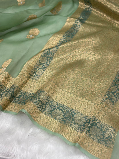 Pure Organza Light Green Meena Floral Banarasi Silk Saree PO-04