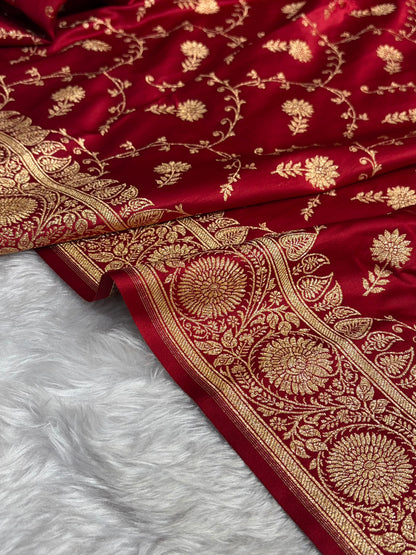 Maroon Shades Jaal Floral Pattern Satin Katan Silk Saree SK81