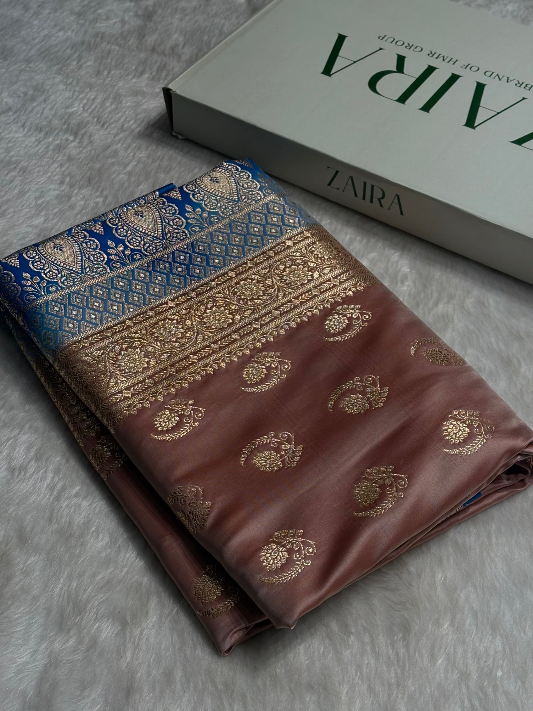 Pista with Blue Floral Boota Satin Katan Silk saree SK27