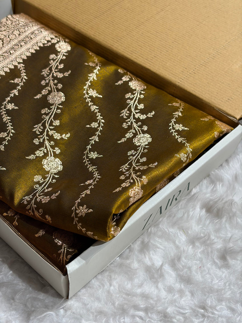 Satin Silk Cross Pattern in Mahndi Shades SS37