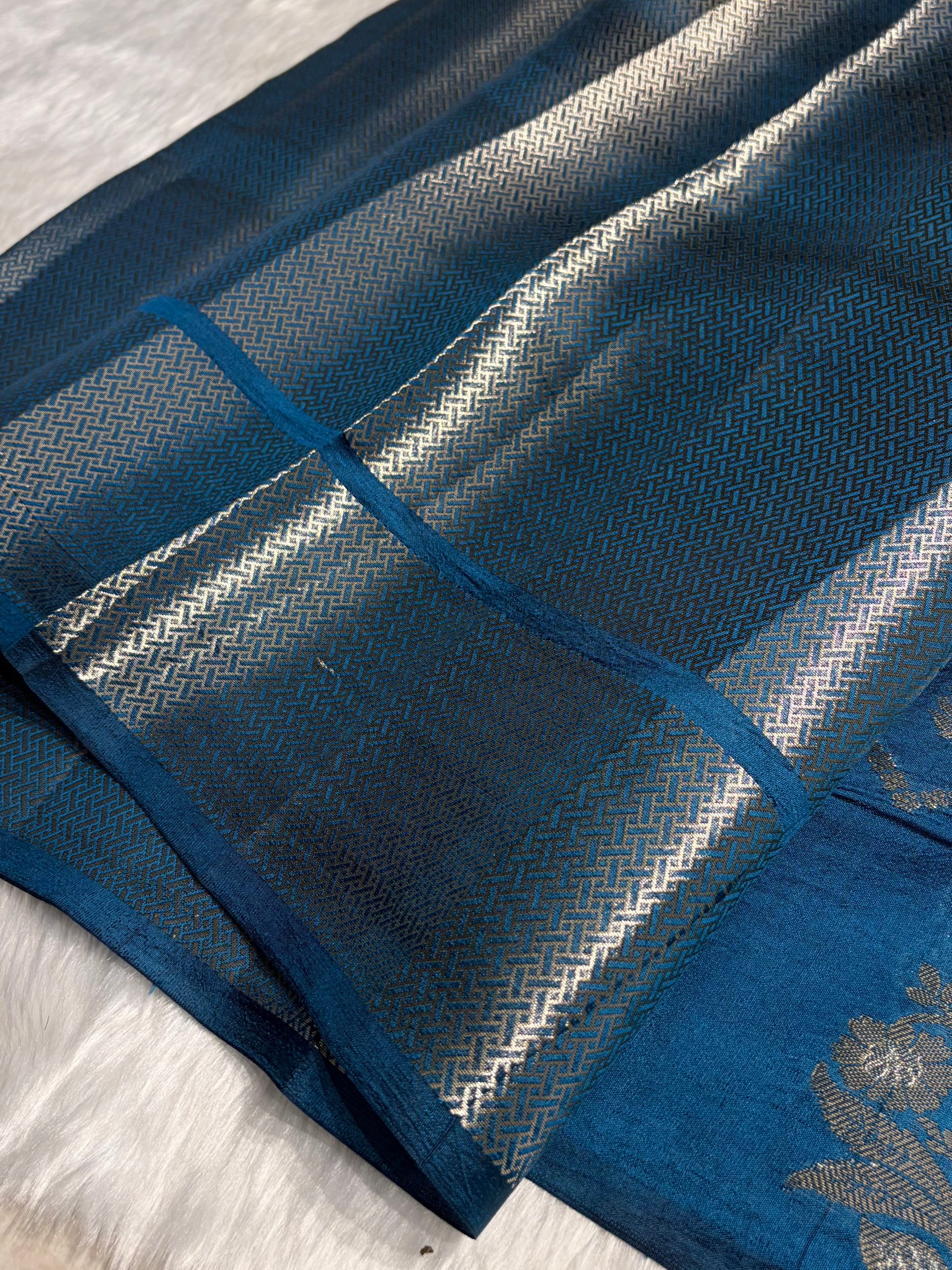 German Blue Meena Boota Caramel Silk Saree CS-03