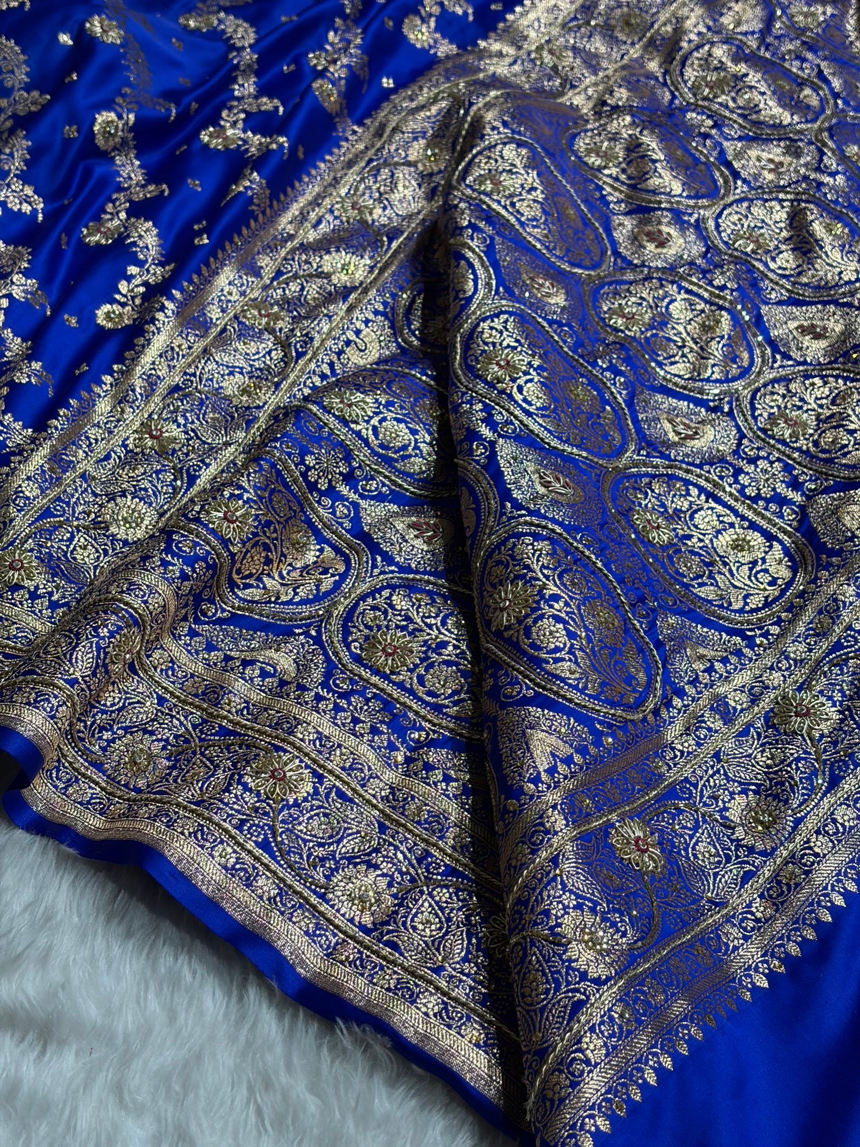 Banarasi Satin Katan Saree With Ari Zardozi Work Jaal Pattern in Royal Blue Shades BSK121