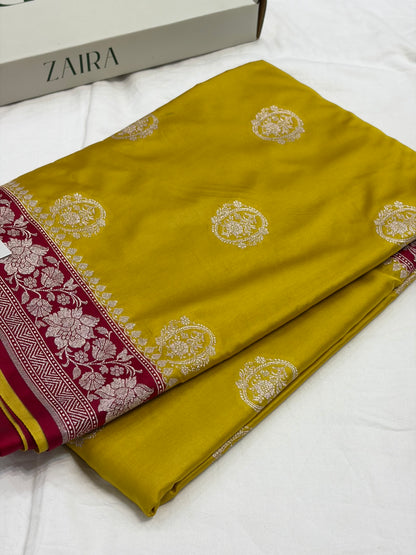 Mustard / Red Contrast Shade With Booti Pattern Mashru Silk Saree