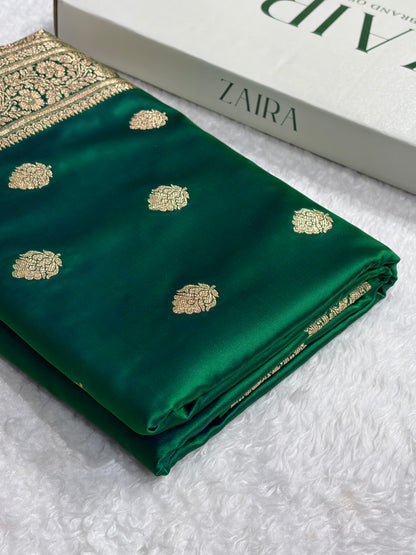 Cross Green Treditional Banarasi Booti Pattern Satin Katan Silk Saree SK65