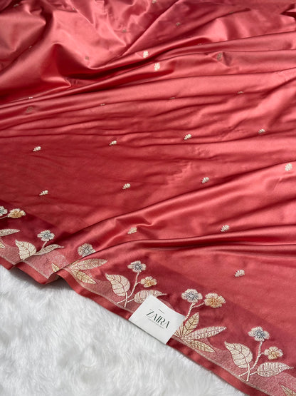 Banarasi Peach Shades Minakari Booti Mashru Silk Saree MS58