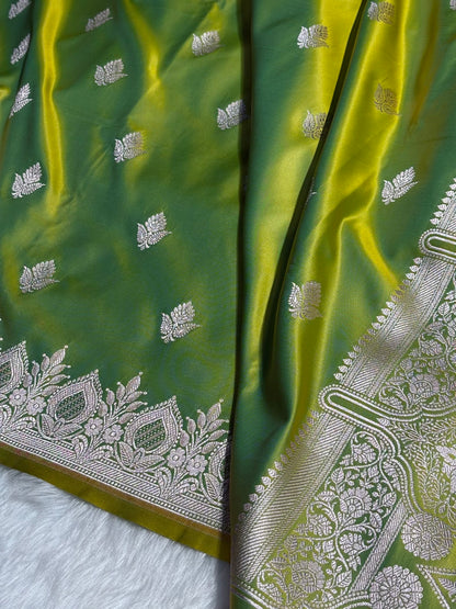 Lemon Pista Floral Boota With Floral Border Mashru Silk Saree MSM-80