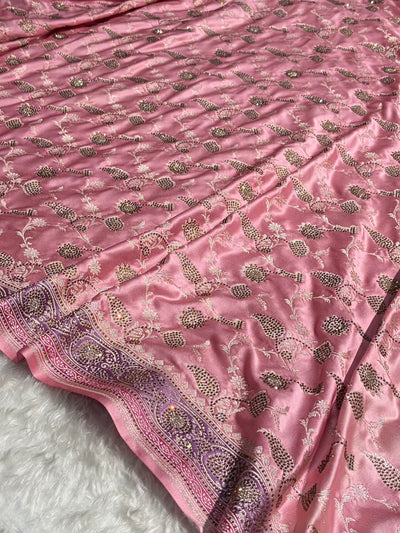 Baby Pink Shades In Banarasi Swarovski Work Jaal Mashru Silk Saree BMCS42