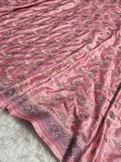Baby Pink Shades In Banarasi Swarovski Work Jaal Mashru Silk Saree BMS42