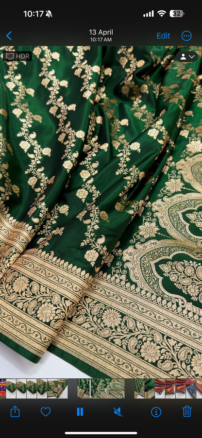 Banarasi Pattern Bottle Green Cross Satin Silk Saree