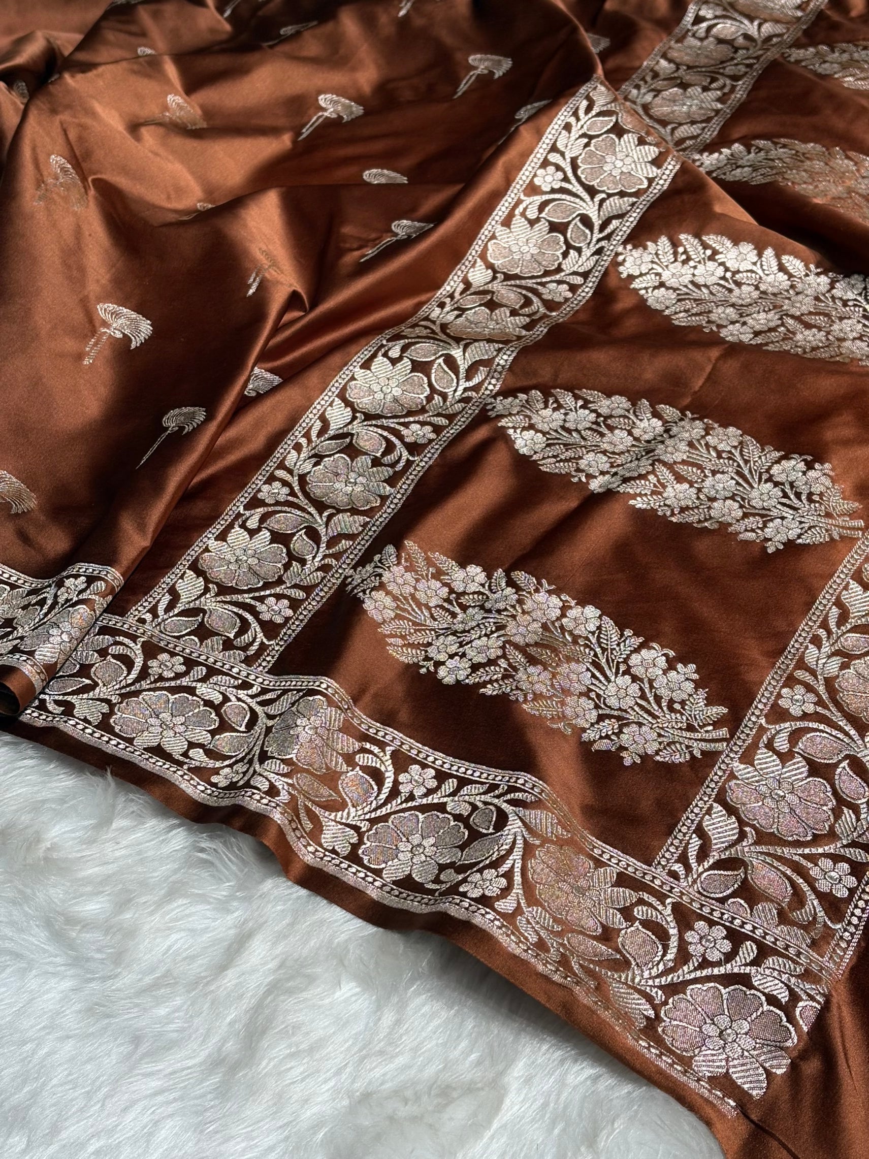 Dark Rust Shades Floral Booti Mashru Silk Saree