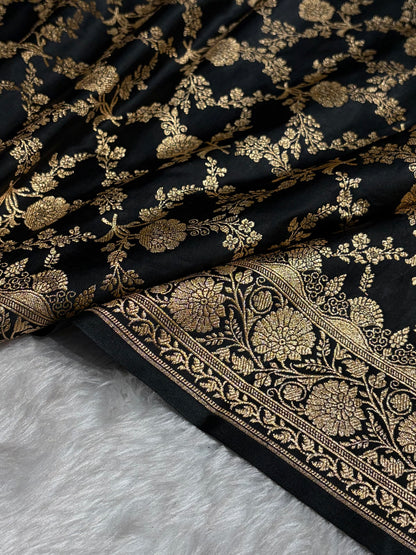 Black Shades Jaal Floral Pattern Satin Katan Silk Saree SK80