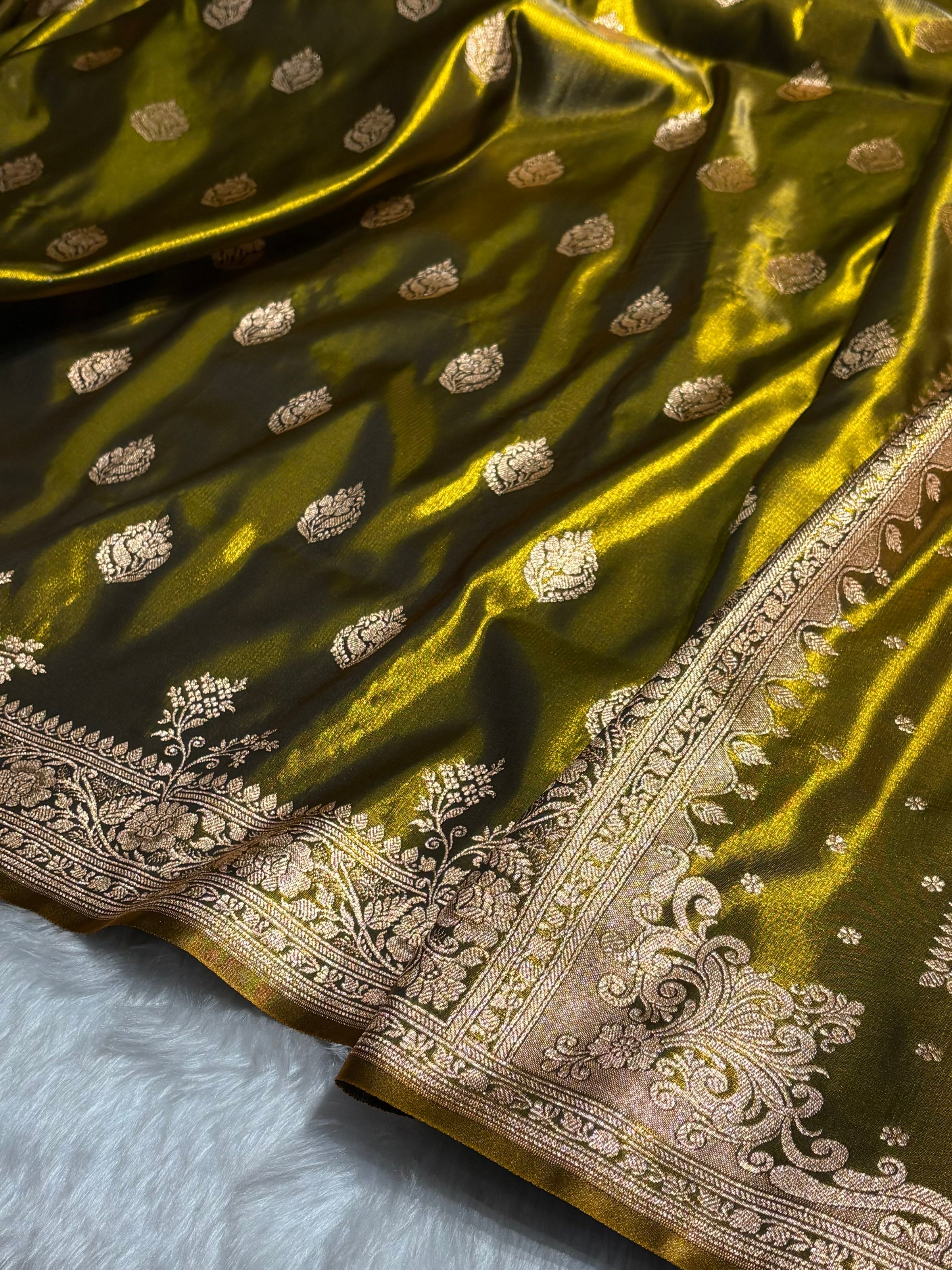 Satin Silk Saree Booti Motif in Mehendi Shades SS20