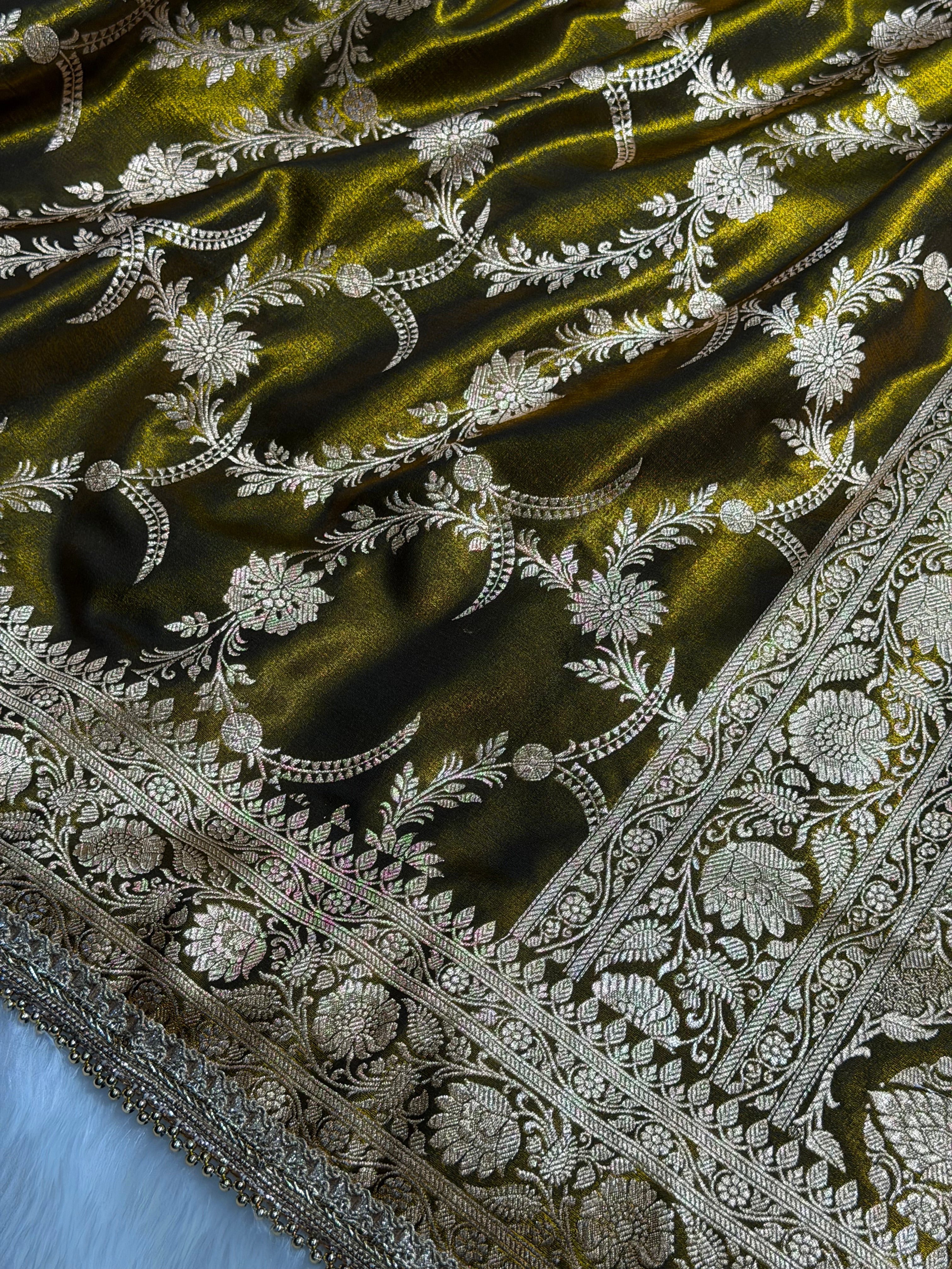 Satin Silk Banarasi Jaal In Mehandi Shades with Gota Patti SSGP18