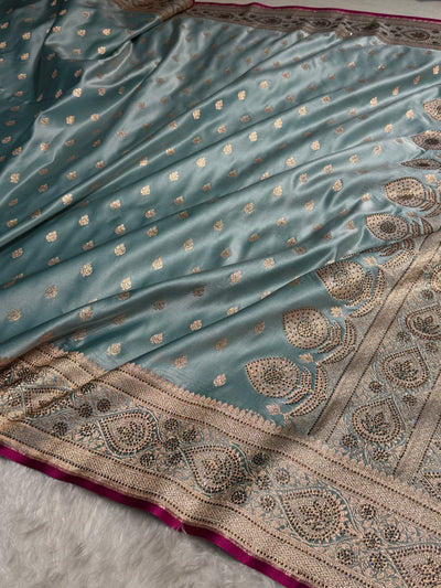 Turquoise Swarovski Work Booti Satin Katan Silk Saree BSK10 (W)