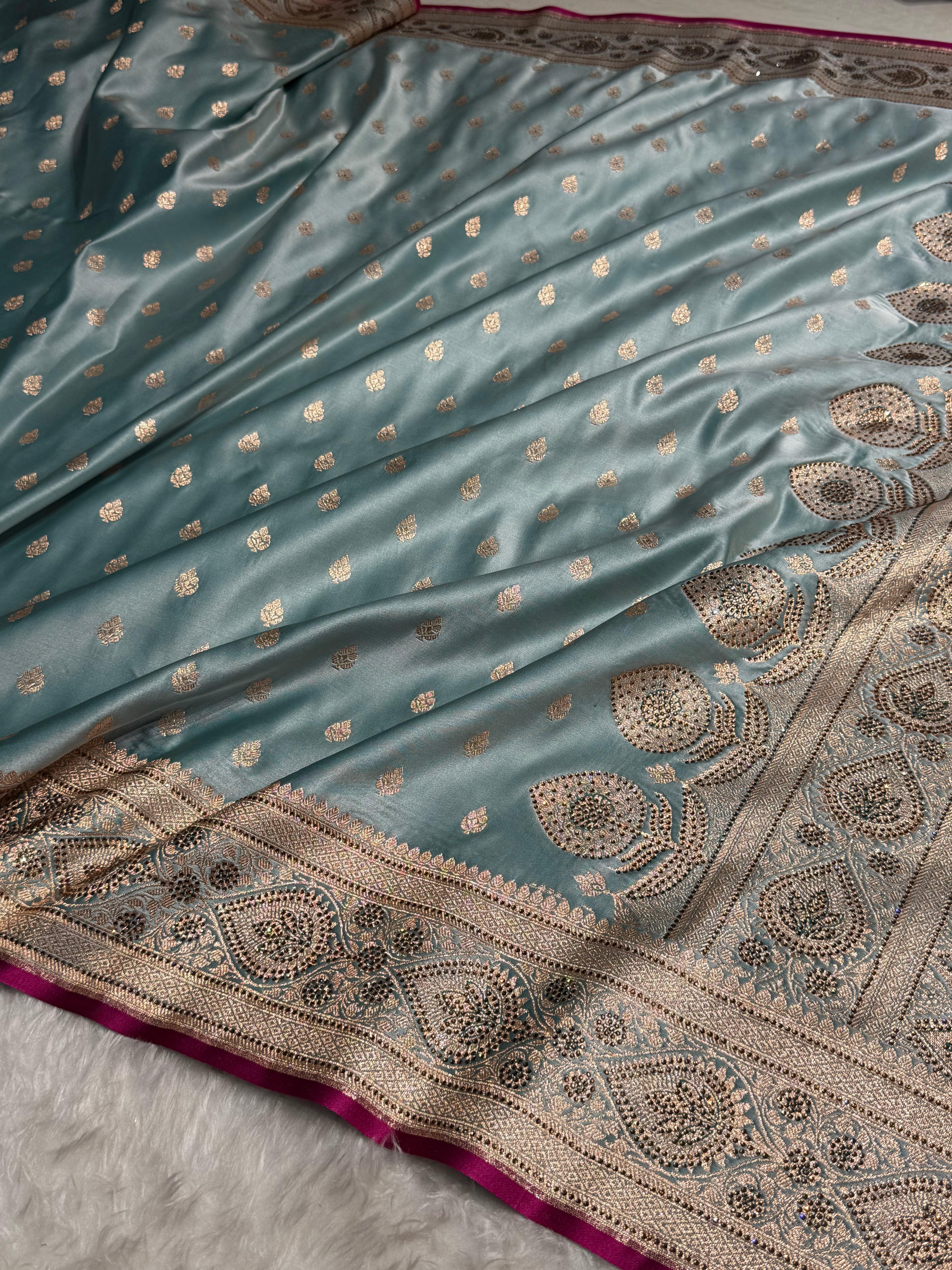 Turquoise Swarovski Work Booti Satin Katan Silk Saree BSK10 (W)