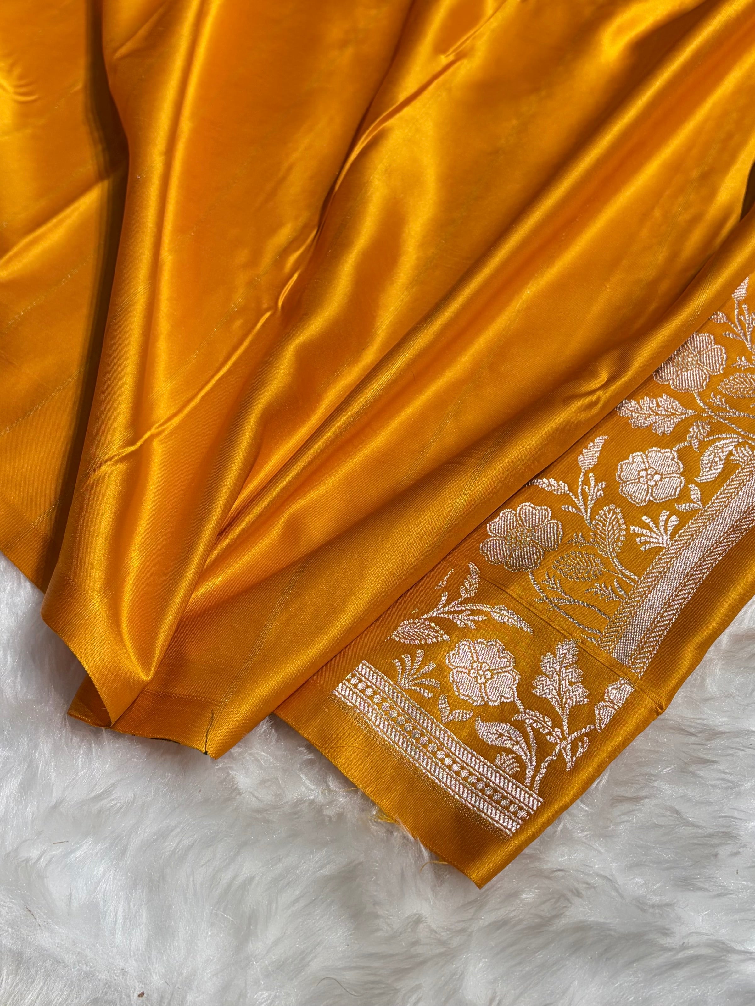Mustard Yellow Blue Boota With Floral Border Mashru Silk Saree MSM-85