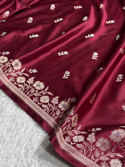 Garnet Boota With Floral Border Mashru Silk Saree MSM-86