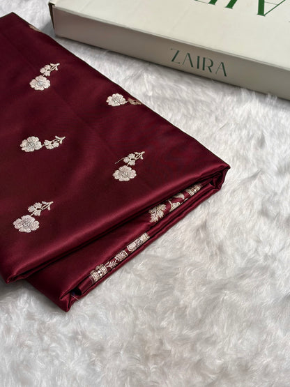 Garnet Boota With Floral Border Mashru Silk Saree MSM-87