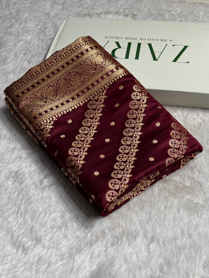 Garnet Shades Cross Floral Pattern Satin Katan Silk Saree SK79