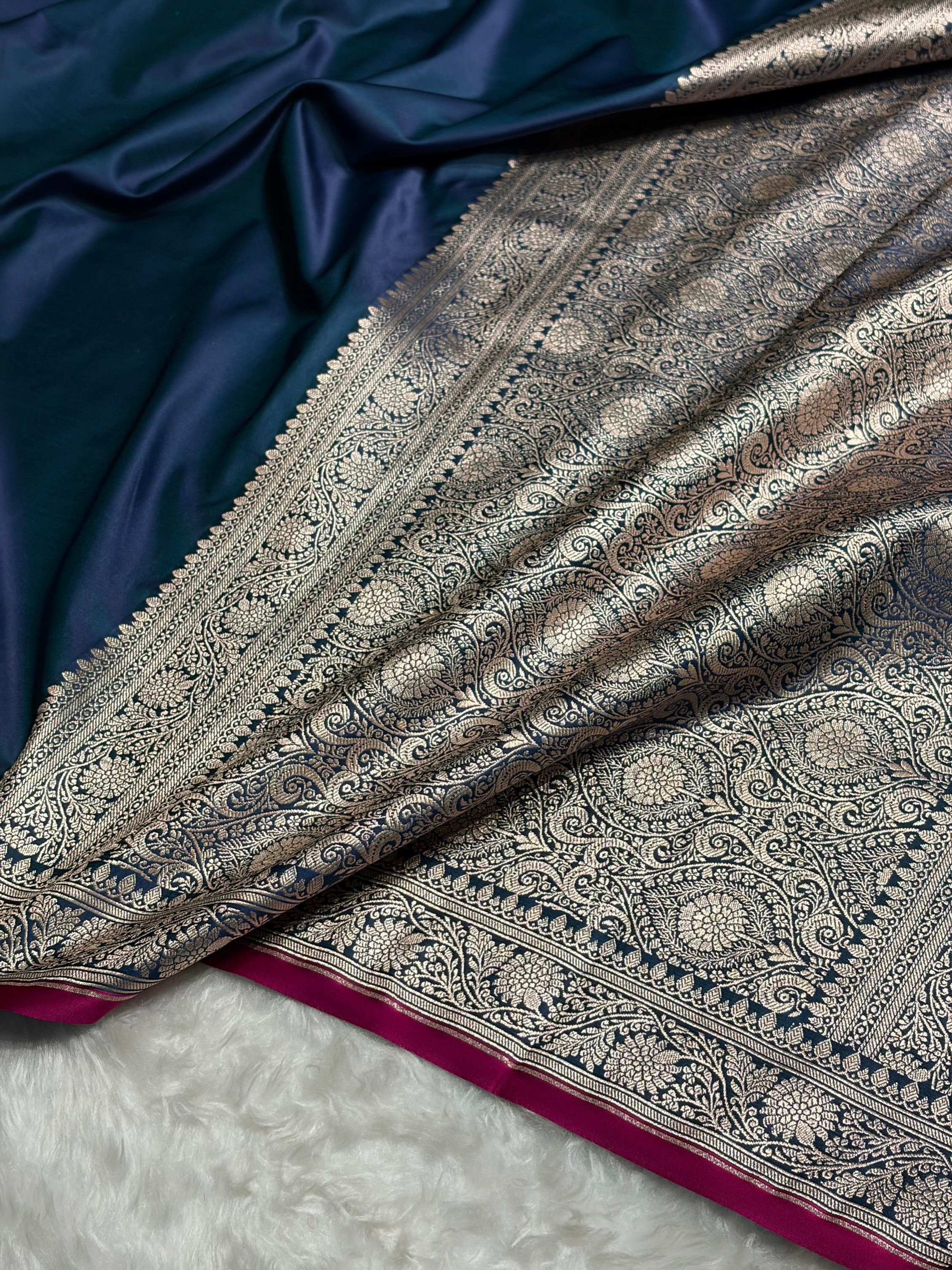 German Blue Shades Floral Border Mashru Silk Saree MSM-62